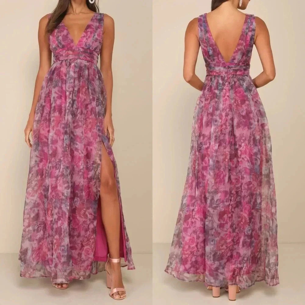 Size L - NWOT Lulus Garden Romance Magenta Floral Print Organza Maxi Dress